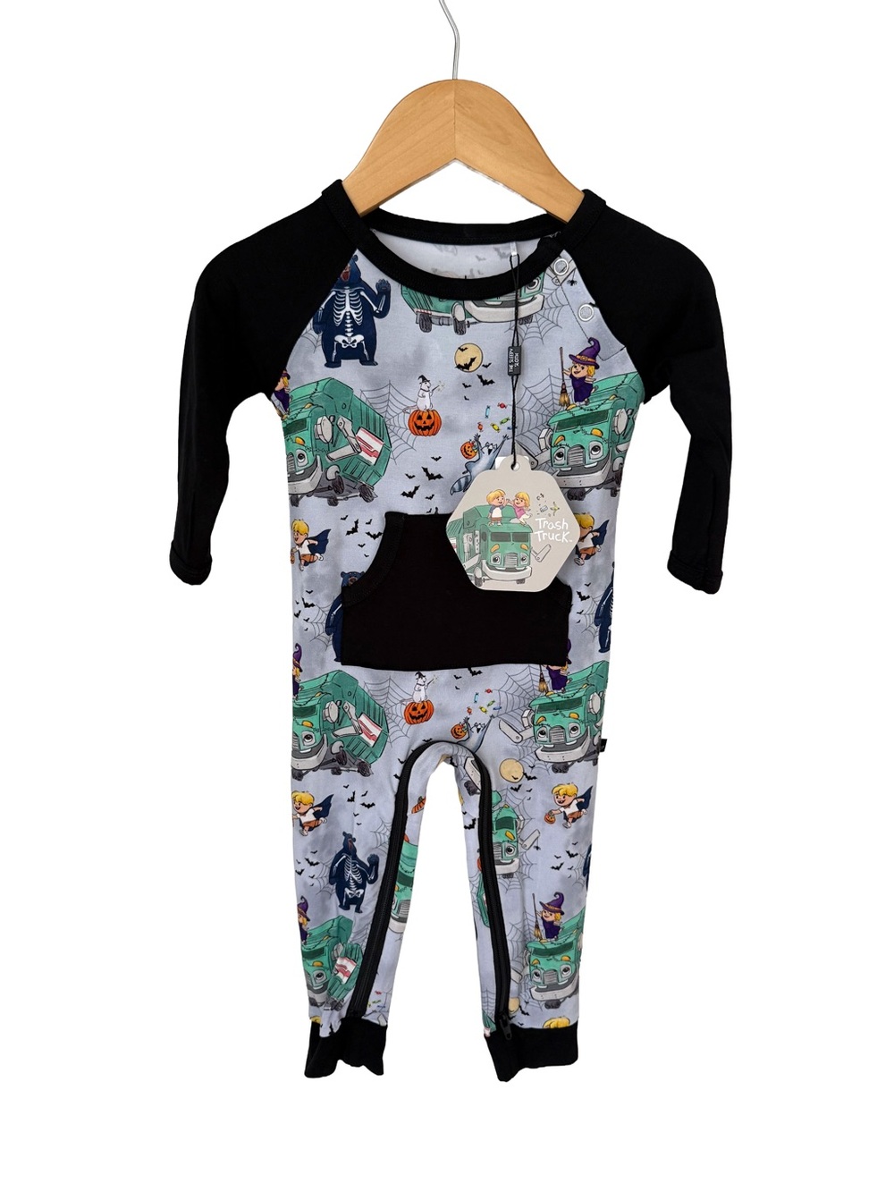 Little Sleepies x Trash Truck Halloween Romper - Black Sleeves 3-6 months
